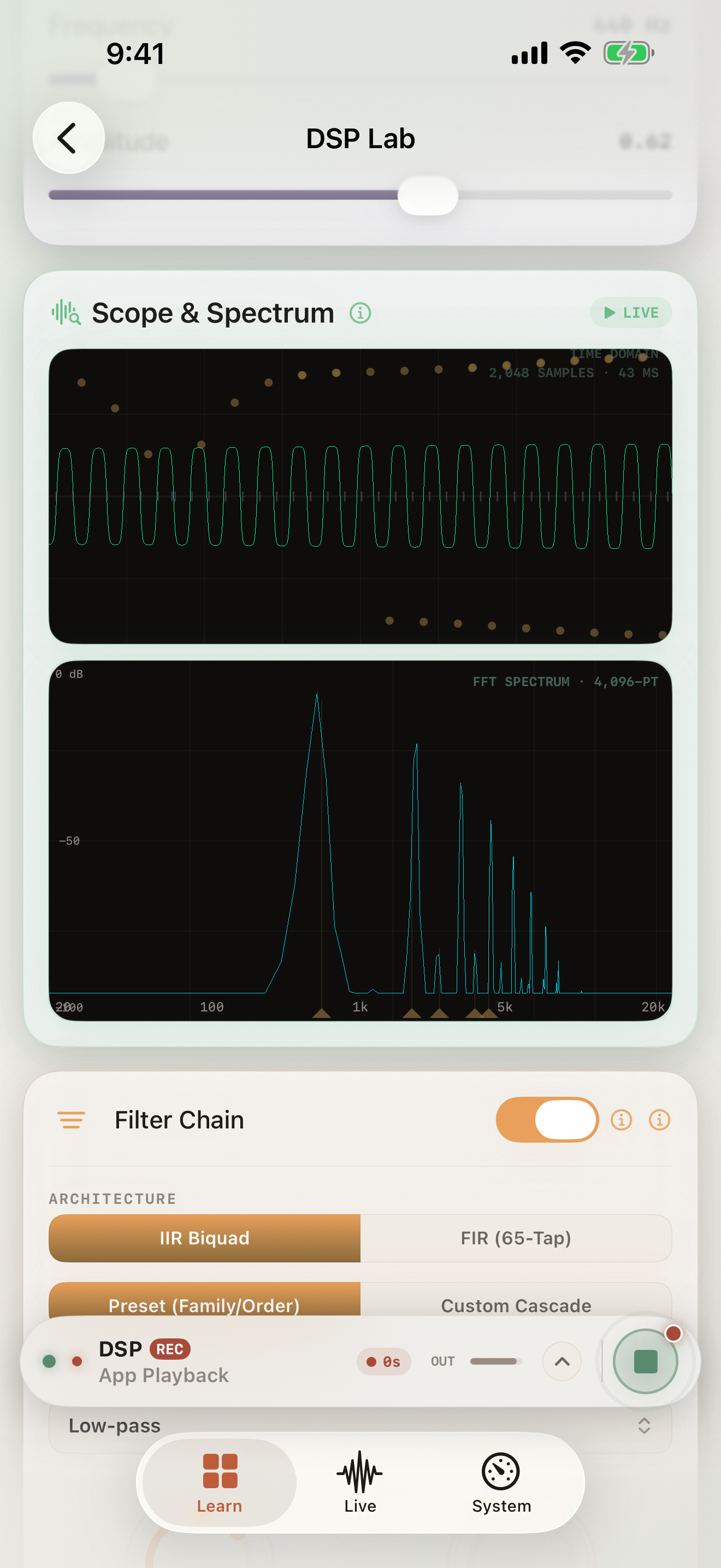 DSP Laboratory — live oscilloscope, FFT spectrum, and FIR/IIR filter controls