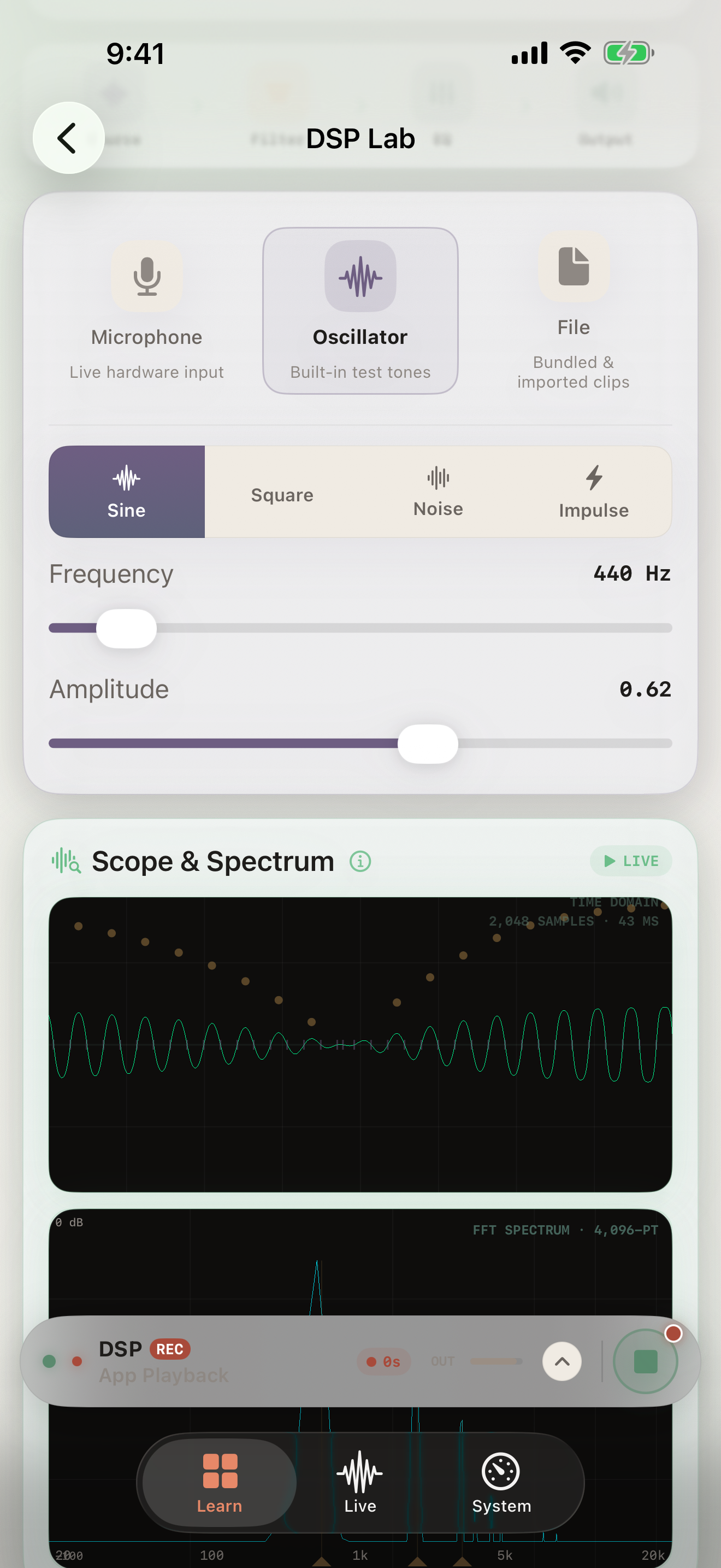 DSP Laboratory interface showing oscilloscope and FFT controls
