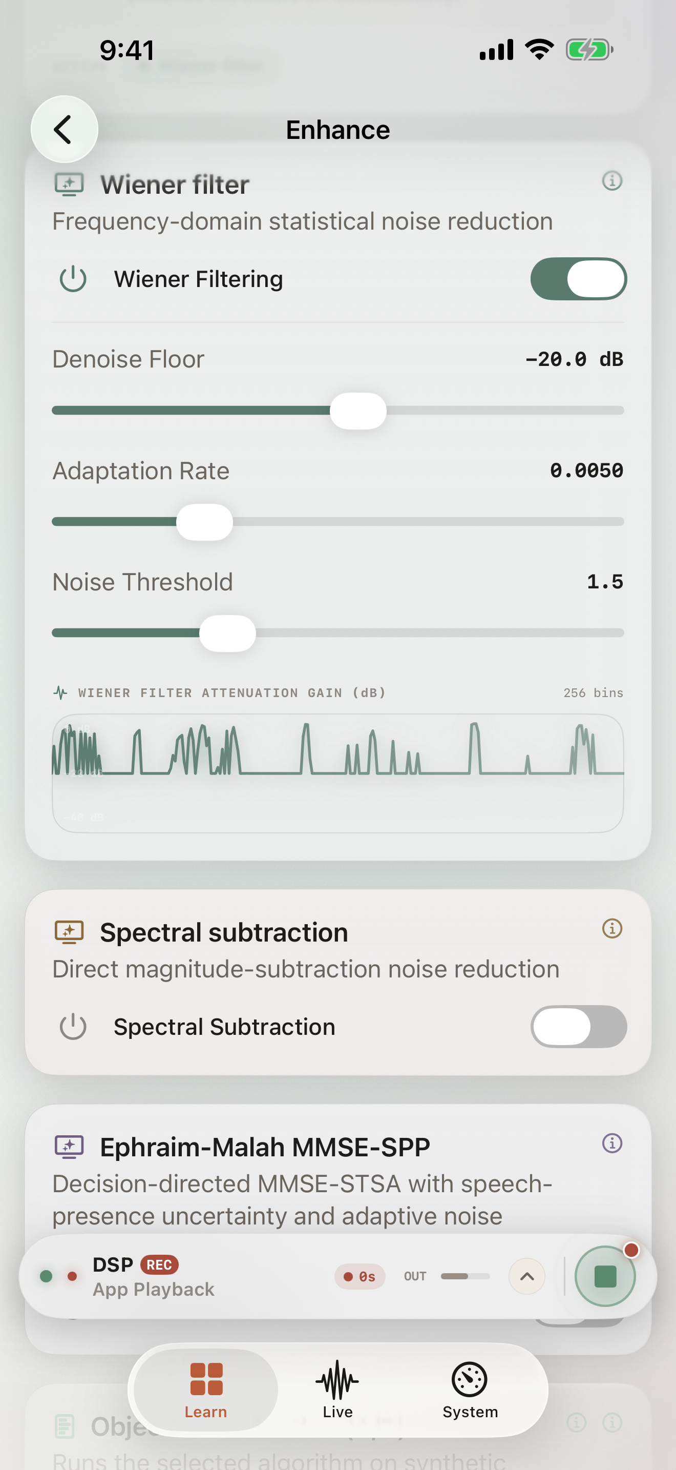 Enhance Lab showing neural voice isolation and SPP curves