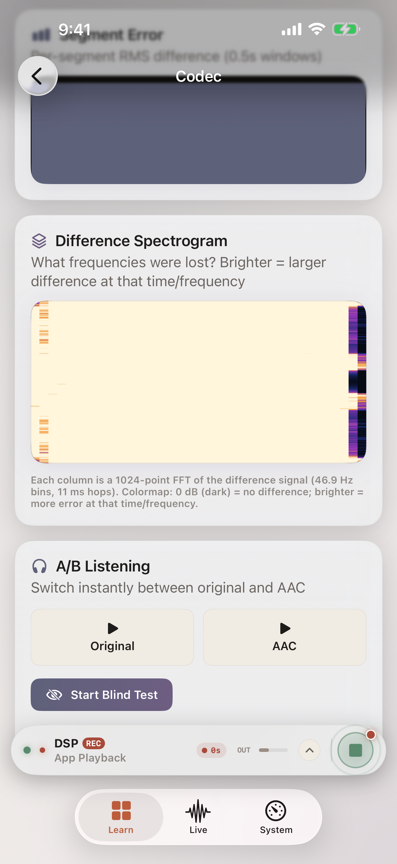 Codec Lab with difference spectrogram and A/B blind comparison